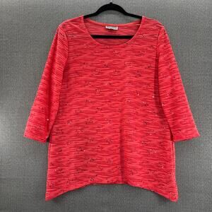 JM Collection Womens Sequined Scoop Neck 3/4 Sleeve Coral‎ Shimmer Top Blouse M